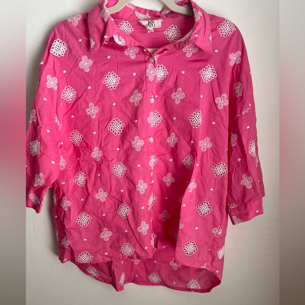 DRA Pink Button-Up Shirt with White Patterns